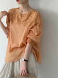Summer Korean Artistic Ramie Hollow-Out Neckline Shirt