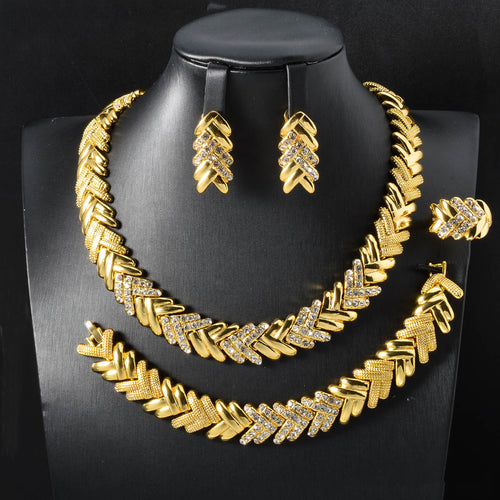 EU/US Import Bestseller 18K Bronze Ba Wheat Ears Set Inlay Full Diamond Necklace Bracelet Set Earrings Ring Banquet Women Set