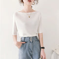Summer Short Sleeve Boat Neck High Waist Cropped Knit Top + Tee