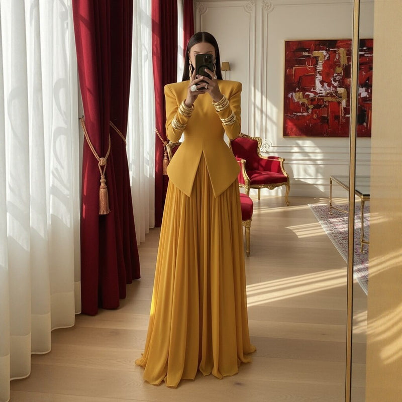 Long Sleeve Evening Gown Set - Blazer Top with Chiffon Maxi Skirt Slim Fit