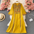 Women's Fall Ethnic Vacation Embroidered V-Neck Waist-Tie Swing Dress + Long Skirt + - Yellow