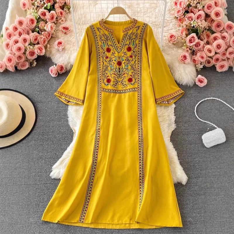 Women's Fall Ethnic Vacation Embroidered V-Neck Waist-Tie Swing Dress + Long Skirt + - Yellow