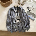 Fall Office Korean Lapel Collar Plaid Textured Loose Cardigan + Shirt