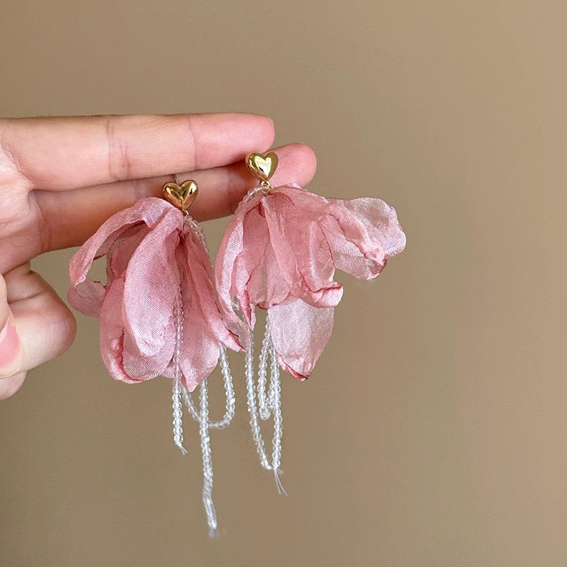 Pink Seed Bead Flower Pearl Tassel Earrings - view 9