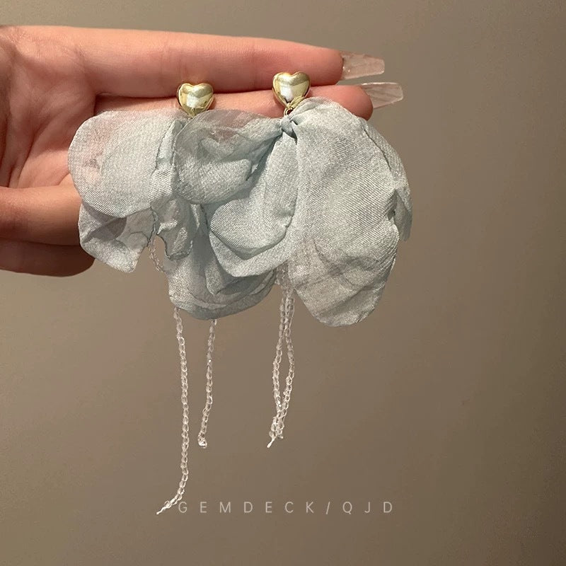 Blue Fabric Flower Statement Earrings - view 11