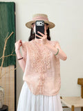 Summer Korean Youthful Ramie Sleeveless V-Neck Patchwork Lace Trim Shirt