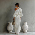 Off-Shoulder Long Sleeve Maxi Dress - High-End Fashion Pullover Style Women