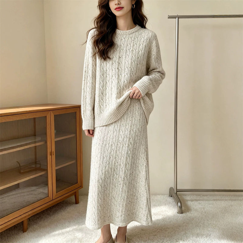 Fall-Winter Elegant Minimal Knit Wool Crew Neck Loose Skirt + Sweater + Top 2-Piece Set