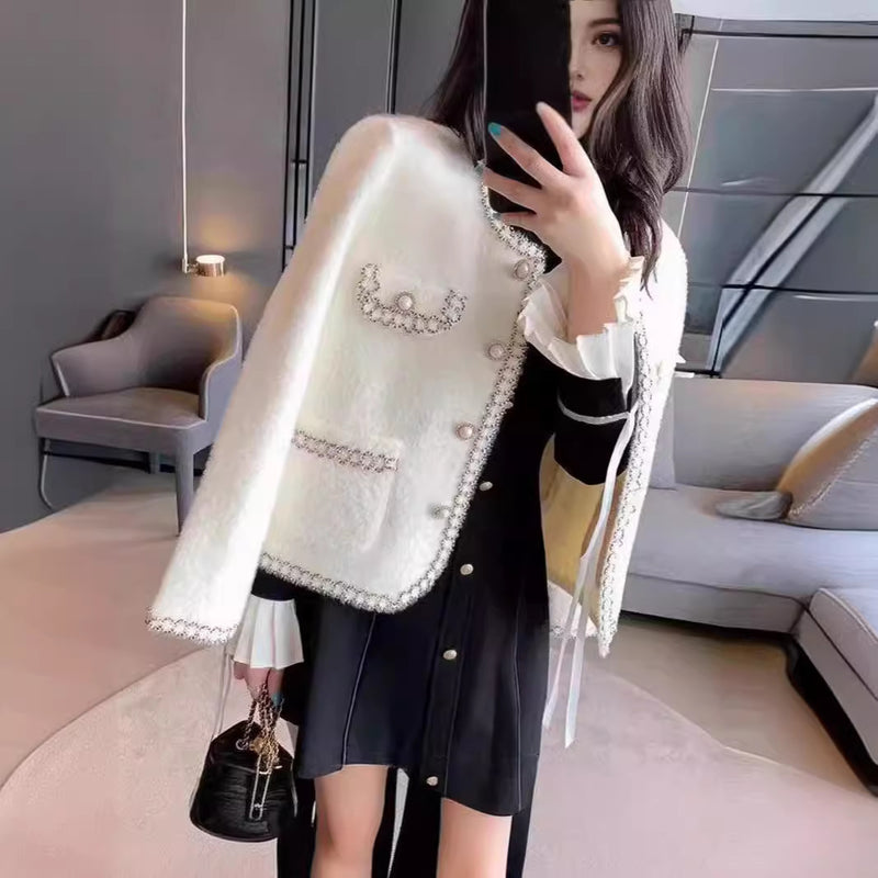 Women's Fall-Winter Chanel-Style Fashion Knit Loose Cropped Cardigan + Jacket 2026 - Milk White