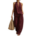 Summer Old Money Relaxed Linen Short Sleeve V-Neck Loose Wide Leg Pants + Top 2-Piece Set
