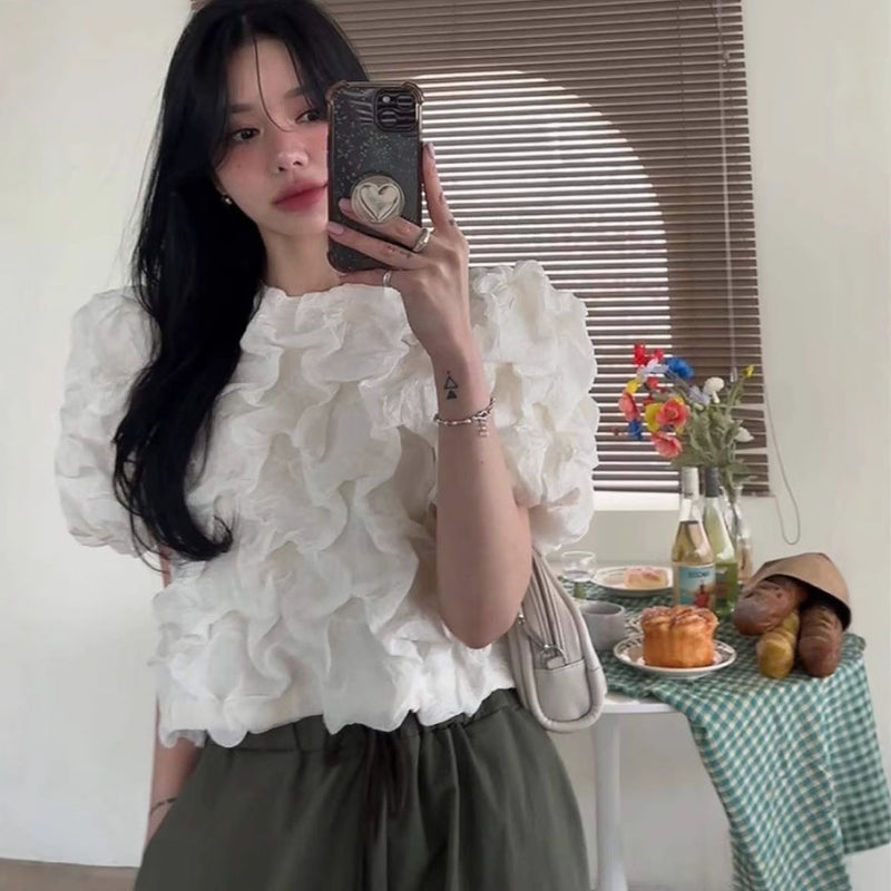 Summer Korean Youthful Puff Sleeve Cropped Shirt