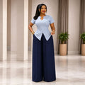 Summer Office Casual Short Sleeve Fitted Wide Leg Pants + Top Set