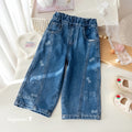 Girls' Cartoon Print Spliced Wide-Leg Jeans