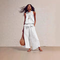 Women's Summer Casual Linen Cotton Sleeveless Ruffle Wide Leg Pants 2-Piece Set 2026 - Red