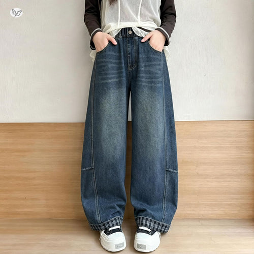 Girls' Plaid Ankle Hem Wide-Leg Curved Jeans