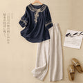 Summer Casual Fashion Linen Cotton Embroidered Wide Leg Pants + Pants + Top Set