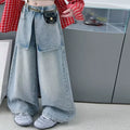 Girls' Red Plaid Long Sleeve Shirt & Asymmetric Jeans - 3-Piece Set