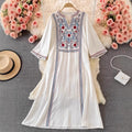 Women's Fall Ethnic Vacation Embroidered V-Neck Waist-Tie Swing Dress + Long Skirt + - Yellow
