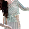 Women's Spring French Trendy Long Sleeve Hollow-Out Loose Knit Top 2026 - Yellow