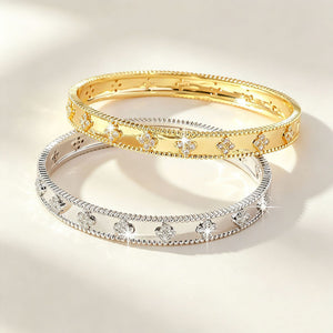 10K Flower Tube Four Leaf Clover Width Slim Cut Bangle Copper Coated 18K Gold Fashionable Versatile Full Diamond Bracelet Light Luxury Elegant Hand Jewelry
