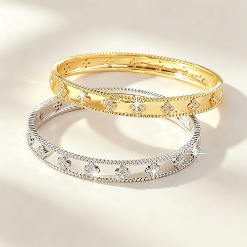 10K Flower Tube Four Leaf Clover Width Slim Cut Bangle Copper Coated 18K Gold Fashionable Versatile Full Diamond Bracelet Light Luxury Elegant Hand Jewelry