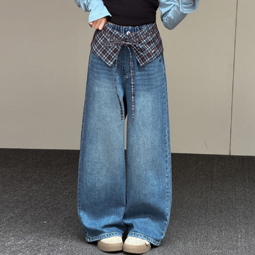 Girls' Blue Plaid Waist Band Wide-Leg Straight Jeans
