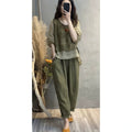 Summer Fashion Slimming Linen Cotton Patchwork Printed Harem Pants + Top 2-Piece Set