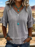 Summer Casual Short Sleeve V-Neck Loose Frayed Shirt