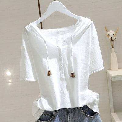 cotton hooded short-sleeved t-shirt for women 2026 spring and summer loose slimming versatile pullov