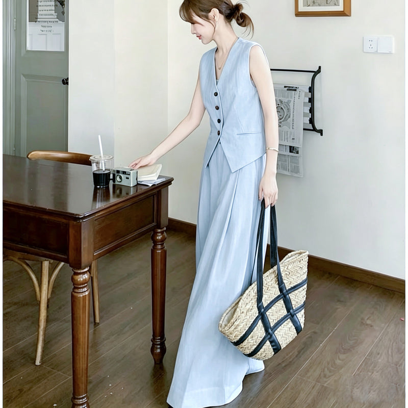 Summer French Elegant Linen Sleeveless Loose Pants + Top 2-Piece Set