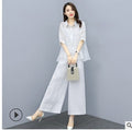 Summer Fashion Elegant Tencel Linen Cotton Lightweight Wide Leg Pants + Top 2-Piece Set