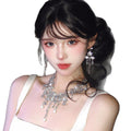 Korean Style ins Rhinestone Fan Shape Teardrop Stud Earring Necklace Set Niche Design Detail Clavicle Chain Personality Elegant Trendy Necklace