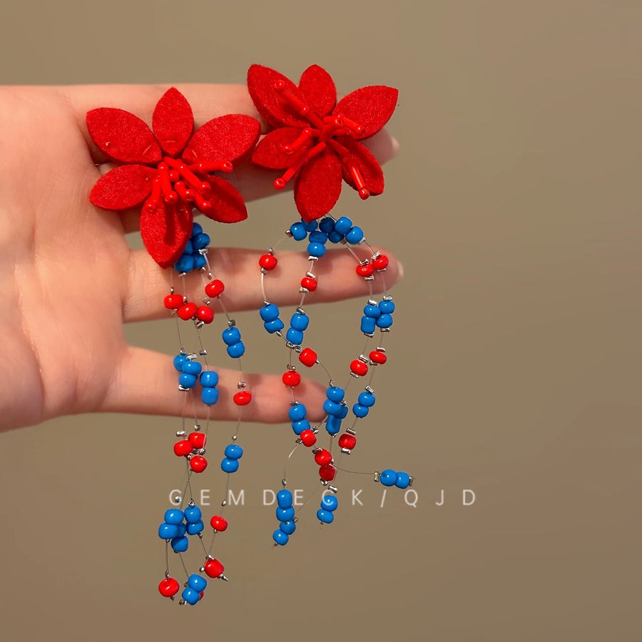 Blue Fabric Flower Statement Earrings - view 7