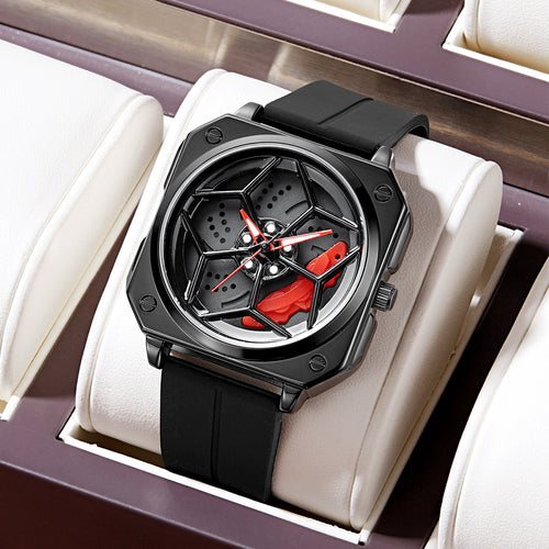 New Square Mens Watch Wheel Hub Rotation Motion Quartz Watch Overseas Hot Sale Fashionable Silicone Band Sports Waterproof Watch