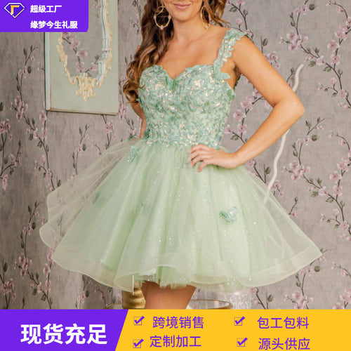 欧美外贸吊带仙气舞会小礼服2026新款甜心蕾丝贴花无袖网纱连衣裙