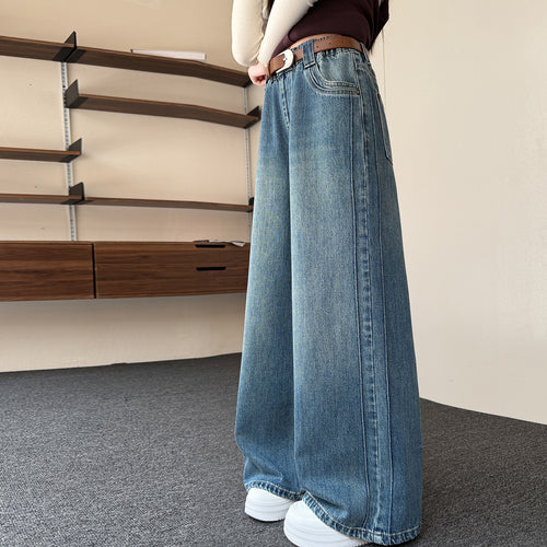 Girls' Versatile Straight Wide-Leg Jeans - Side Seam Spliced