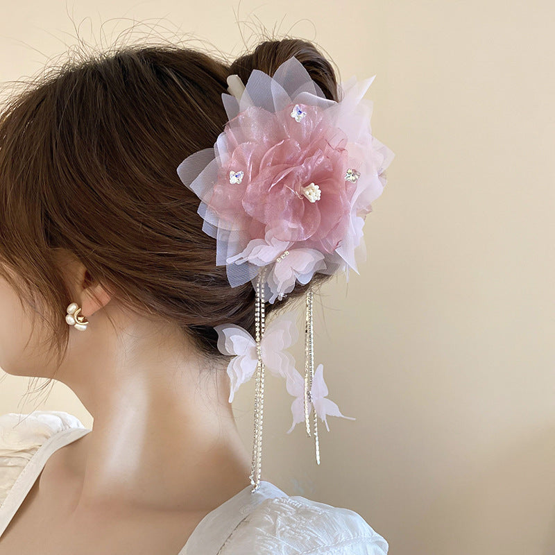 Rhinestone Mesh Flower Butterfly Hair Clip - view 2