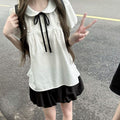 Summer Korean School Puff Sleeve Short Sleeve Peter Pan Collar Polka Dot Shirt