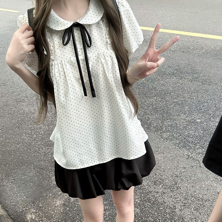Summer Korean School Puff Sleeve Short Sleeve Peter Pan Collar Polka Dot Shirt
