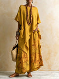Women's Ethnic Vacation Linen Printed Loose Wide Leg Pants + Top 2-Piece Set 2026 - Olive