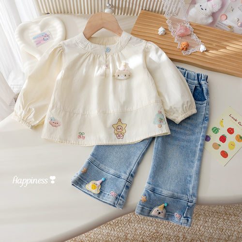 Girls' Cartoon Print Shirt & Jeans Set