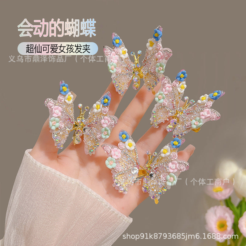 儿童蝴蝶发夹高级感精致会动夹公主超仙立体水钻发夹女儿童发饰品