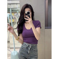 ins pure lust style short-sleeved slim u-neck bottoming short t-shirt women's clavicle-exposing low-