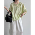 Summer Korean Ramie Tencel Half Sleeve Tie-Front Loose Shirt