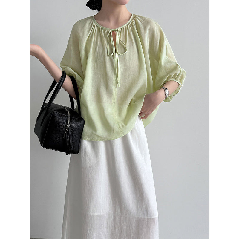Summer Korean Ramie Tencel Half Sleeve Tie-Front Loose Shirt
