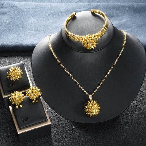 Fashionable Bestseller Gold Lotus Pendant “ Keep You Forever Love You Always " Necklace Bangle Earrings Ring Set