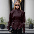 Women's Spring Retro Fashion Stand Collar Tie-Front Waist-Tie Mid-Length Jacket 2026 - Wine Red