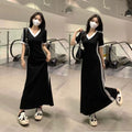 French Style V-Neck A-Line Dress - Waist-Cinching Short Sleeve Long Dress Women