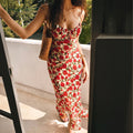 Women's French Floral Halter Tie Waist Slim Maxi Dress