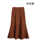 Fall French Elegant Satin High Waist Drapey Skirt